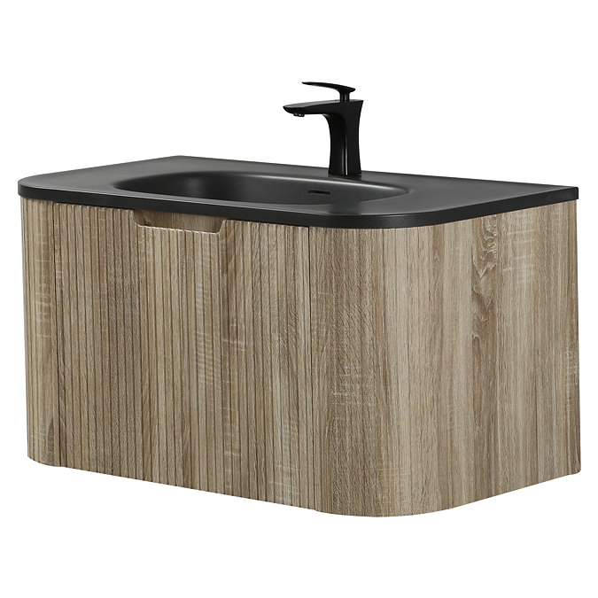 Arezzo 900mm Slatted Light Oak Wall Mounted Curved Vanity Unit with Matt Black Basin