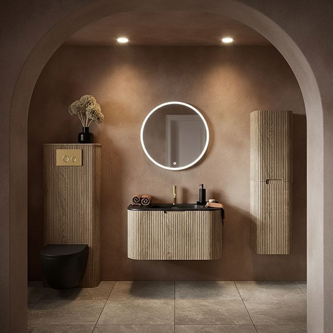Arezzo 900mm Slatted Light Oak Wall Mounted Curved Vanity Unit with Matt Black Basin