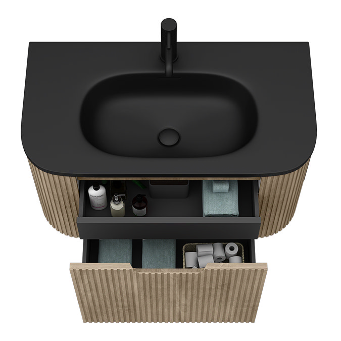 Arezzo 900mm Slatted Light Oak Wall Mounted Curved Vanity Unit with Matt Black Basin