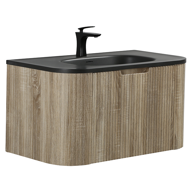 Arezzo 900mm Slatted Light Oak Wall Mounted Curved Vanity Unit with Matt Black Basin