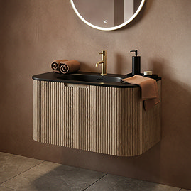 Arezzo 900mm Slatted Light Oak Wall Mounted Curved Vanity Unit with Matt Black Basin