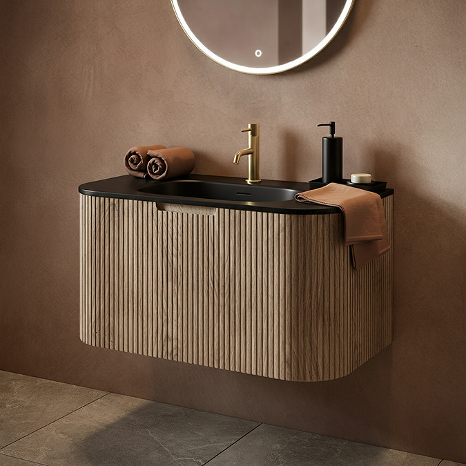 Arezzo 900mm Slatted Light Oak Wall Mounted Curved Vanity Unit with Matt Black Basin