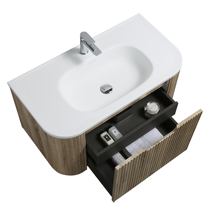 Arezzo 900mm Slatted Light Oak Wall Mounted Curved Vanity Unit with Matt White Basin