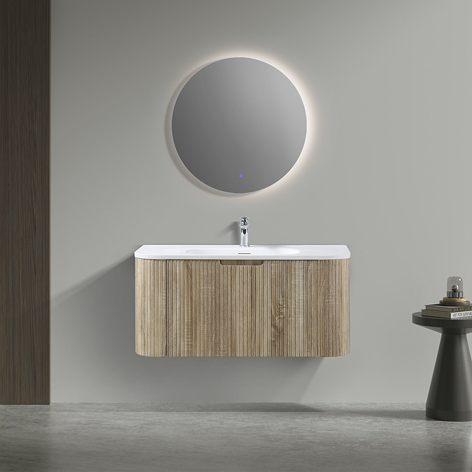 Arezzo 900mm Slatted Light Oak Wall Mounted Curved Vanity Unit with Matt White Basin