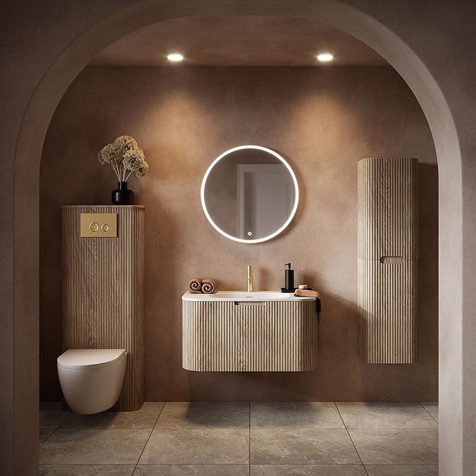 Arezzo 900mm Slatted Light Oak Wall Mounted Curved Vanity Unit with Matt White Basin