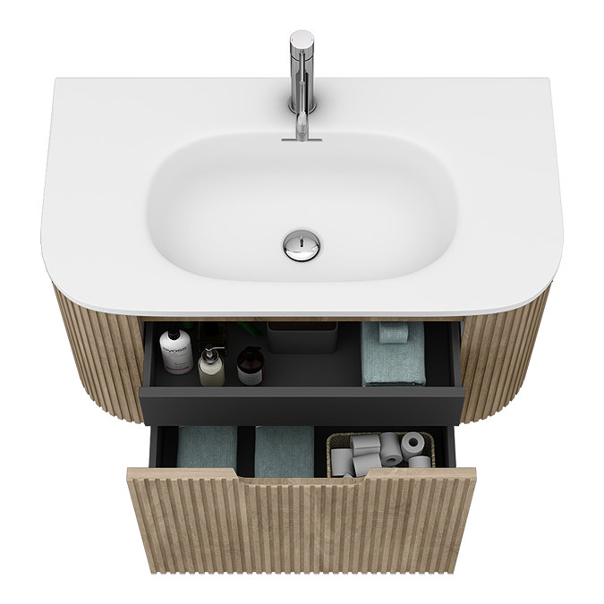 Arezzo 900mm Slatted Light Oak Wall Mounted Curved Vanity Unit with Matt White Basin