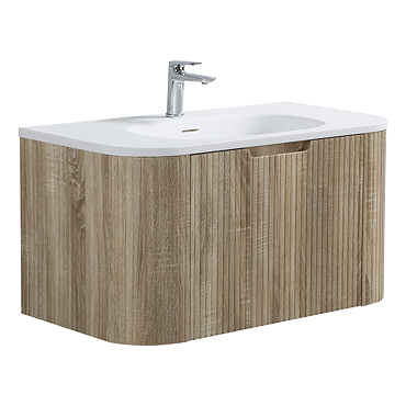 Arezzo 900mm Slatted Light Oak Wall Mounted Curved Vanity Unit with Matt White Basin