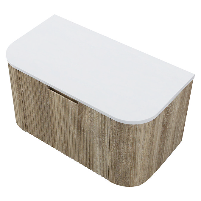 Arezzo 900mm Slatted Light Oak Wall Mounted Curved Vanity Unit with Matt White Countertop