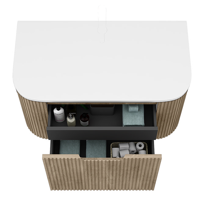 Arezzo 900mm Slatted Light Oak Wall Mounted Curved Vanity Unit with Matt White Countertop