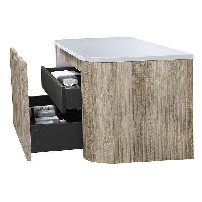 Arezzo 900mm Slatted Light Oak Wall Mounted Curved Vanity Unit with Matt White Countertop