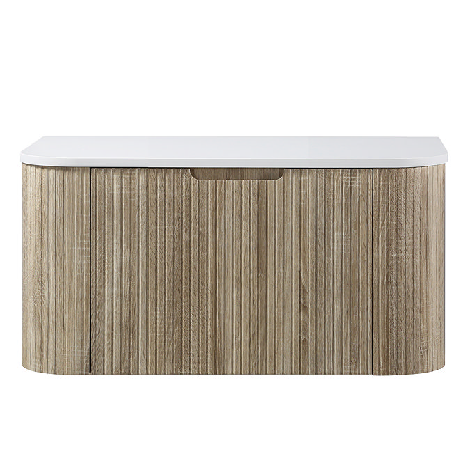 Arezzo 900mm Slatted Light Oak Wall Mounted Curved Vanity Unit with Matt White Countertop