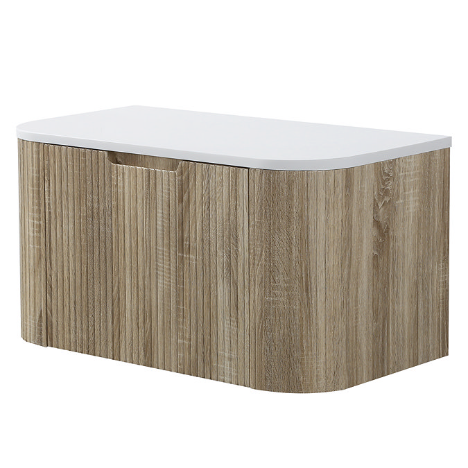 Arezzo 900mm Slatted Light Oak Wall Mounted Curved Vanity Unit with Matt White Countertop