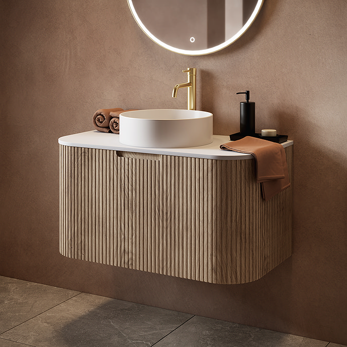 Arezzo 900mm Slatted Light Oak Wall Mounted Curved Vanity Unit with Matt White Countertop