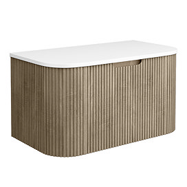 Arezzo 900mm Slatted Light Oak Wall Mounted Curved Vanity Unit with Matt White Countertop