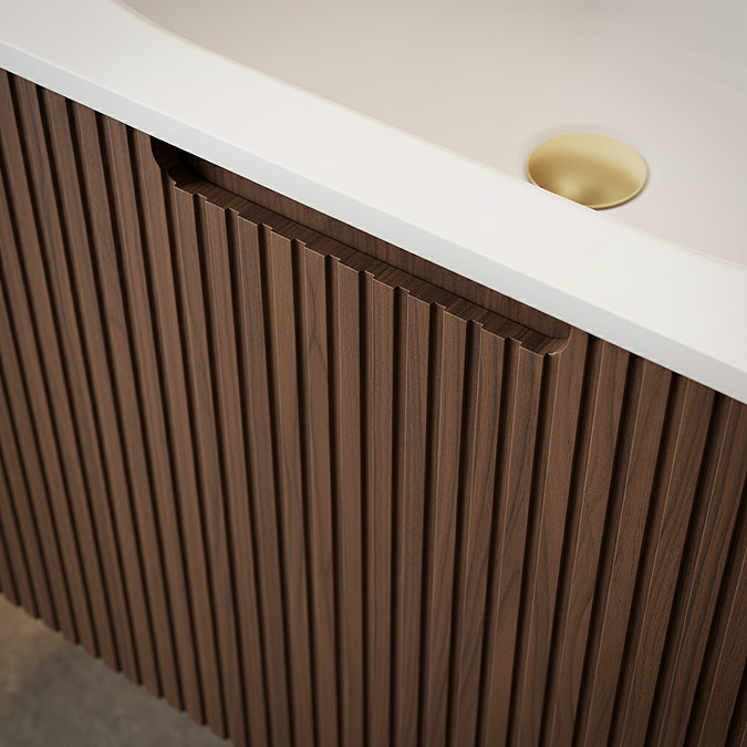 Arezzo 900mm Slatted Walnut Wall Mounted Curved Vanity Unit with Matt White Basin