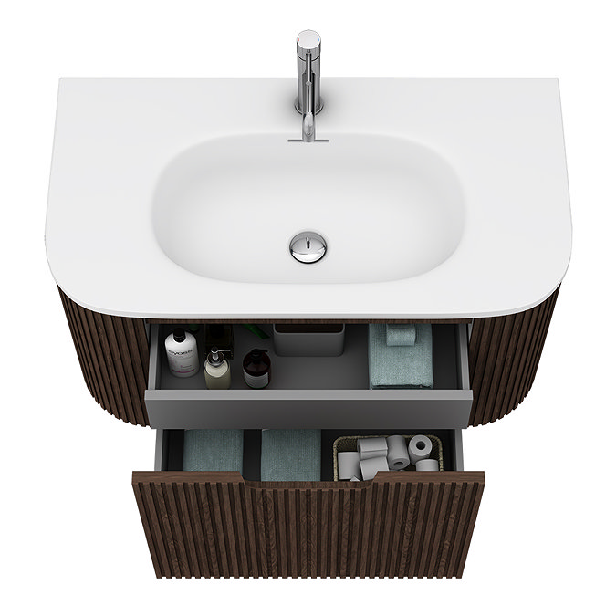 Arezzo 900mm Slatted Walnut Wall Mounted Curved Vanity Unit with Matt White Basin