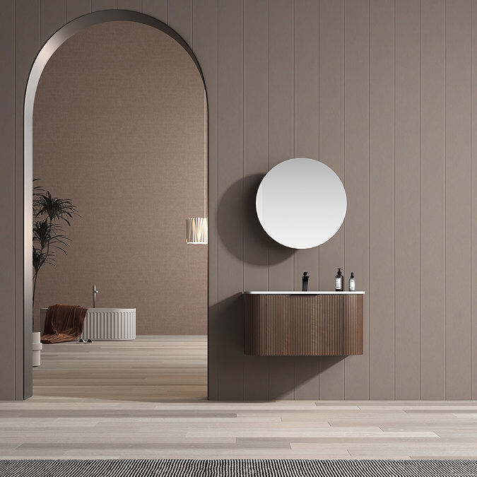 Arezzo 900mm Slatted Walnut Wall Mounted Curved Vanity Unit with Matt White Basin