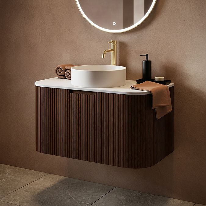 Arezzo 900mm Slatted Walnut Wall Mounted Curved Vanity Unit with Matt White Countertop