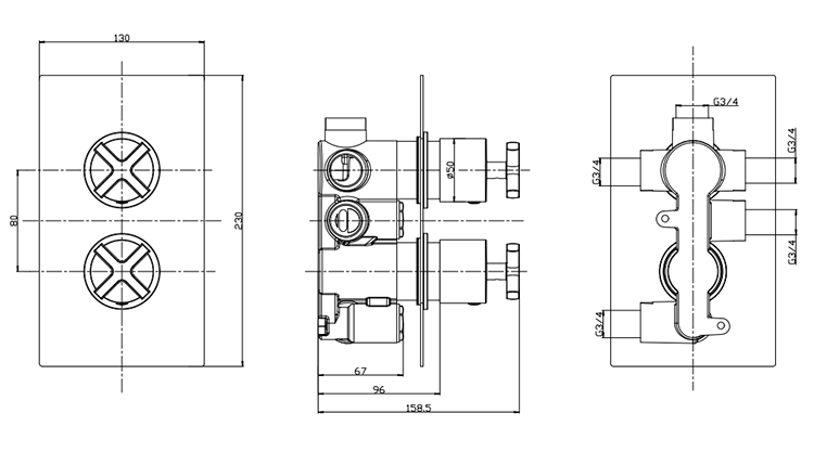 Arezzo Art Deco Crosshead 3 Way Concealed Shower Valve with Diverter - Brushed Brass 