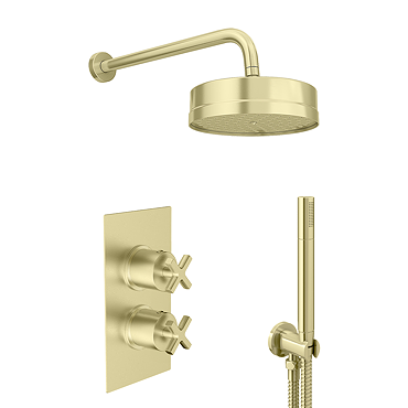 Arezzo Art Deco Crosshead Brushed Brass Shower with Concealed Valve, Wall Mounted 195mm Head + Handset