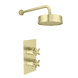 Arezzo Art Deco Crosshead Brushed Brass Shower with Concealed Valve + Wall Mounted 195mm Head