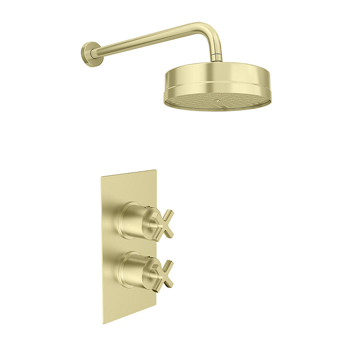 Arezzo Art Deco Crosshead Brushed Brass Shower with Concealed Valve + Wall Mounted 195mm Head