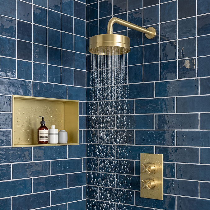 Arezzo Art Deco Crosshead Brushed Brass Shower with Concealed Valve + Wall Mounted 195mm Head
