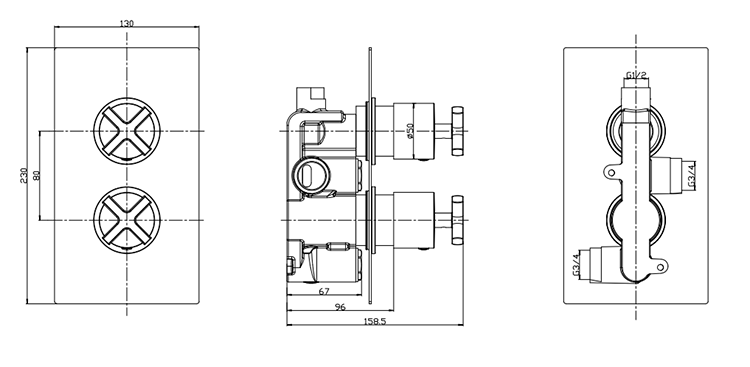 Arezzo Art Deco Crosshead Twin Concealed Shower Valve - Brushed Brass