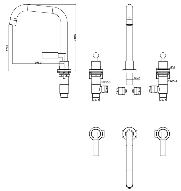 Arezzo Art Deco Deck Mounted 3TH Bath Mixer Tap - Brushed Brass