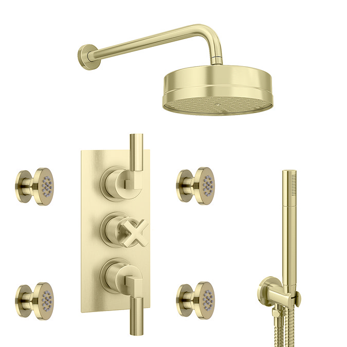 Arezzo Art Deco Lever Brushed Brass Luxury Spa 3 Outlet Shower Bundle