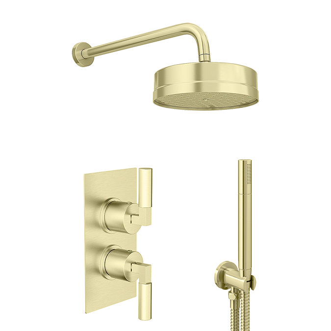 Arezzo Art Deco Lever Brushed Brass Shower with Concealed Valve, Wall Mounted 195mm Head + Handset