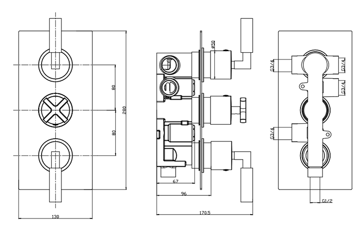 Arezzo Art Deco Lever Triple Concealed Shower Valve with Diverter - Brushed Brass