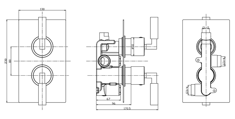 Arezzo Art Deco Lever Twin Concealed Shower Valve - Brushed Brass