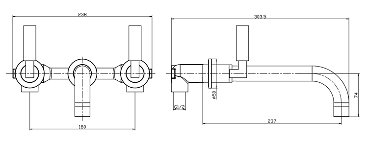 Arezzo Art Deco Wall Mounted (3TH) Basin Mixer Tap - Brushed Brass