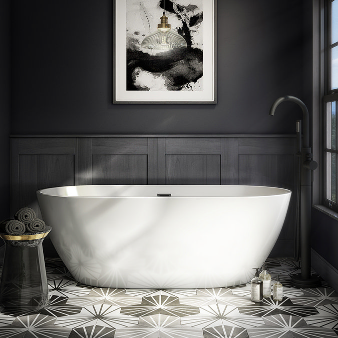 Arezzo Bathroom Suite - Freestanding Bath, Toilet, Basin & Black Taps