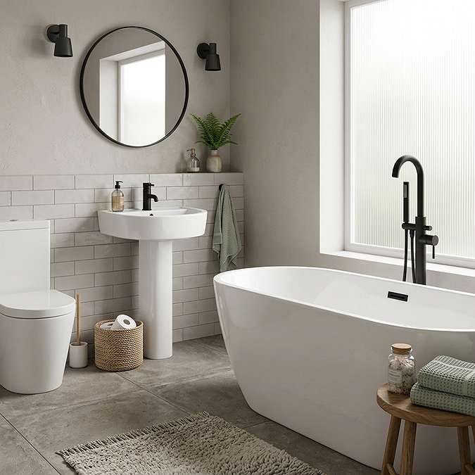 Arezzo Bathroom Suite - Freestanding Bath, Toilet, Basin & Black Taps
