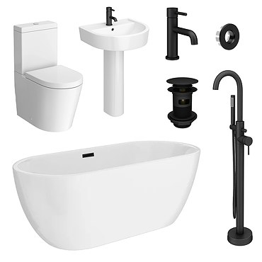 Arezzo Bathroom Suite - Freestanding Bath, Toilet, Basin & Black Taps