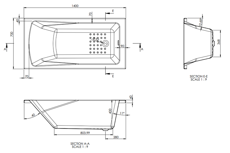 Arezzo Black Framed Fixed Square Single Ended Shower Bath 1400 x 700mm