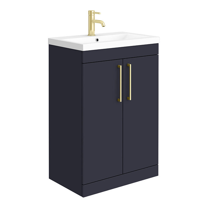Arezzo Blue Floor Standing Vanity Unit, Tall Cabinet + Toilet Pack with Brass Handles  Profile Large