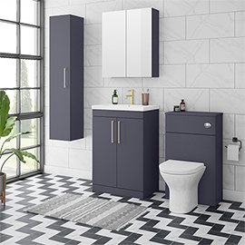 Arezzo Blue Floor Standing Vanity Unit, Tall Cabinet + Toilet Pack with Brass Handles Medium Image