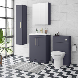 Arezzo Blue Floor Standing Vanity Unit, Tall Cabinet + Toilet Pack with Brass Handles Large Image