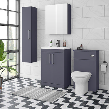 Arezzo Blue Floor Standing Vanity Unit, Tall Cabinet + Toilet Pack with Chrome Handles  Profile Larg