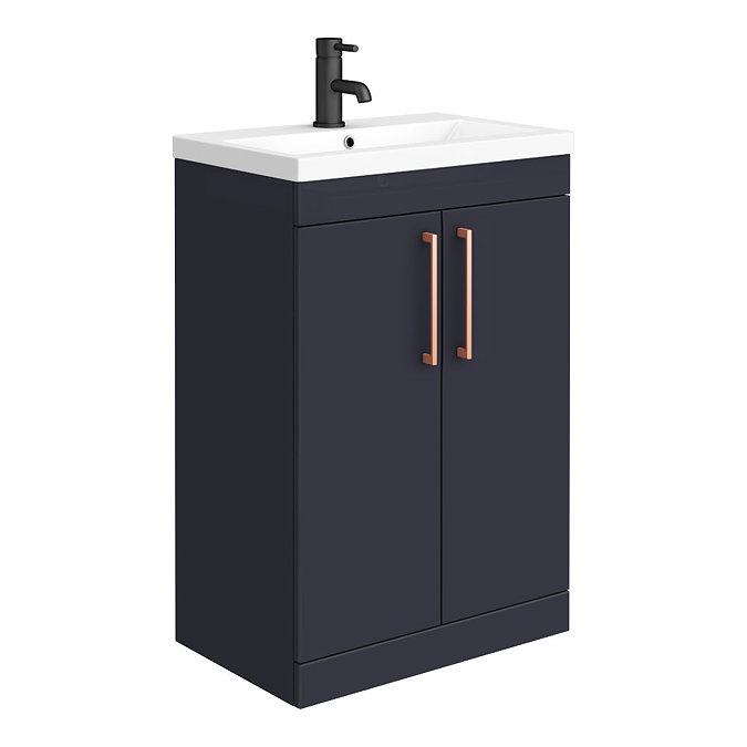 Arezzo Blue Floor Standing Vanity Unit, Tall Cabinet + Toilet Pack with Rose Gold Handles  Profile L