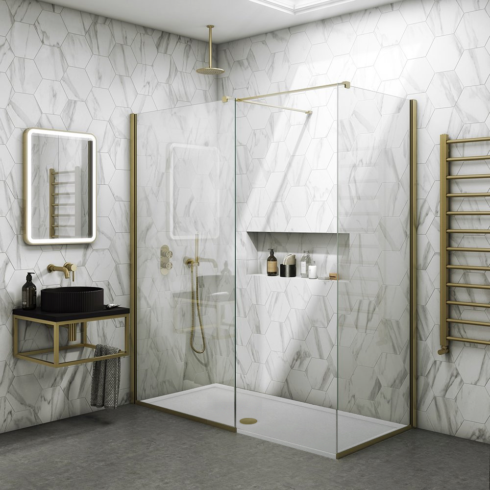 Arezzo Brushed Brass 10mm Glass 1400 x 800 Wet Room inc. Screen