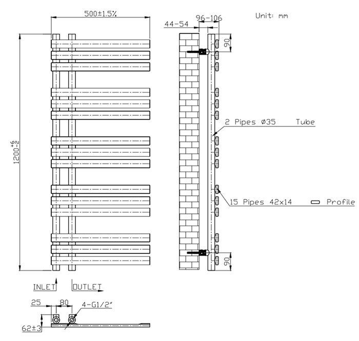 Arezzo Brushed Brass 1200 x 500mm 15 Bar Designer Heated Towel Rail