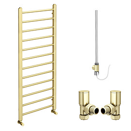 Arezzo Brushed Brass 1200 x 500mm Straight Heated Towel Rail (incl. Valves + Electric Heating Kit)