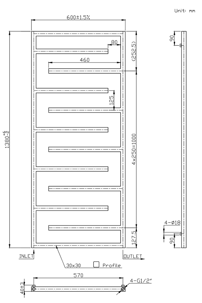 Arezzo Brushed Brass 1380 x 600mm Designer Towel Rail