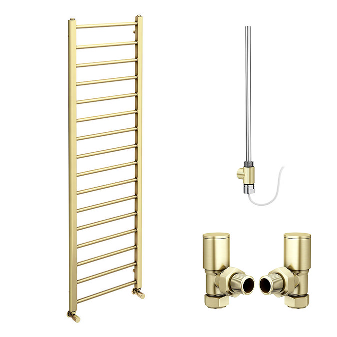 Arezzo Brushed Brass 1600 x 500mm Straight Heated Towel Rail (incl. Valves + Electric Heating Kit)