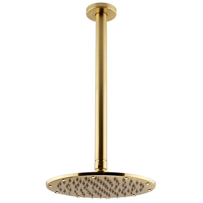 Arezzo Brushed Brass 195mm Thin Round Shower Head + 300mm Ceiling Mounted Arm  Profile Large Image