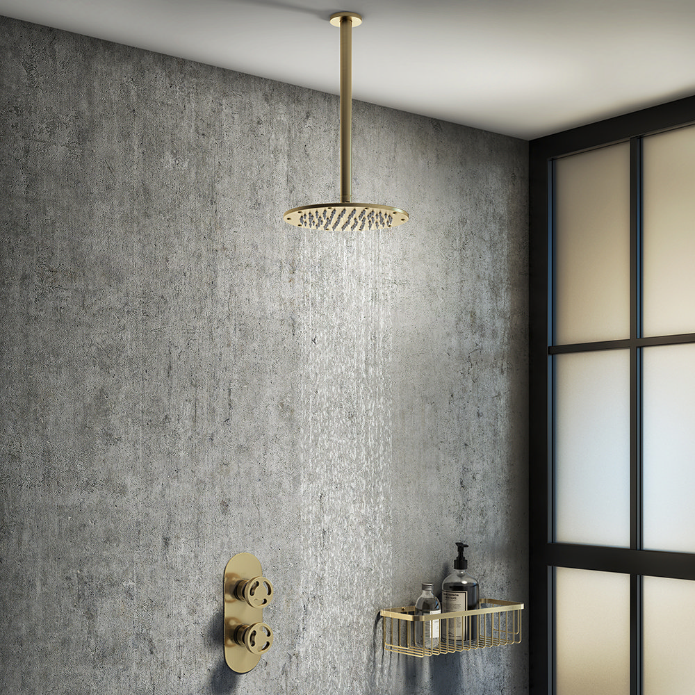 Arezzo Brushed Brass 195mm Thin Round Shower Head 300mm Ceiling